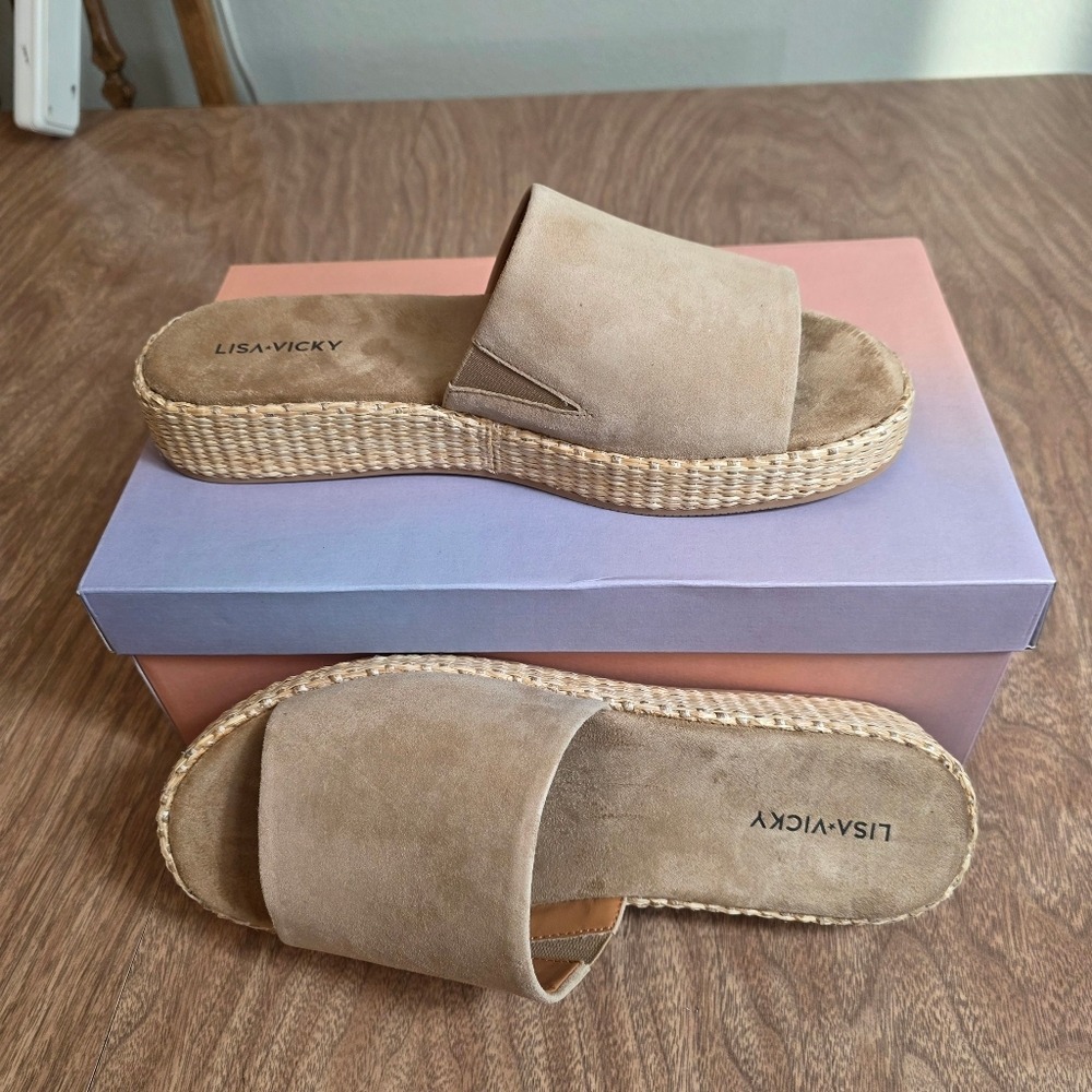 Lisa Vicky Tan Camel Kid Suede Woven Platform Slides 9.5 Medium Sandals Boho